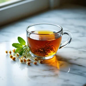 Warm herbal tea in a simple cup on a calm surface, suggesting comfort and gentle daily wellness.