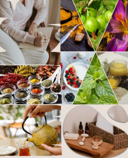 Editorial flat‑lay featuring turmeric, gooseberry, mint, yogurt, and gentle ritual elements, styled to reflect Ayurvedic nourishment and daily wellness routines.