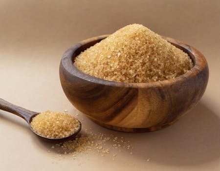 Raw brown sugar in a rustic wooden bowl with a spoon.