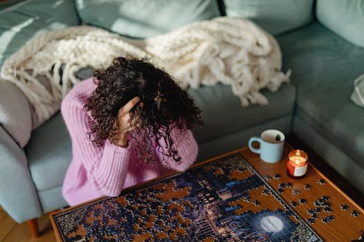 Woman resting her head on a table beside a cup of coffee and a lit candle, looking tired and overwhelmed.
