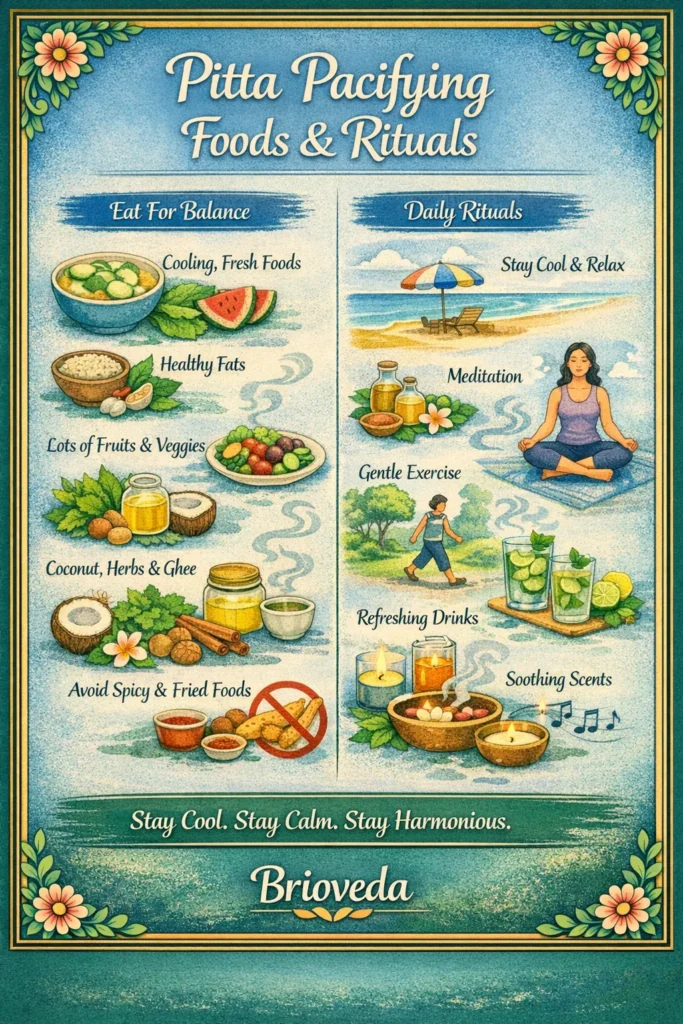 Minimalist Ayurveda graphic illustrating how to calm Pitta imbalance in summer through cooling habits, gentle routines, and lifestyle shifts.