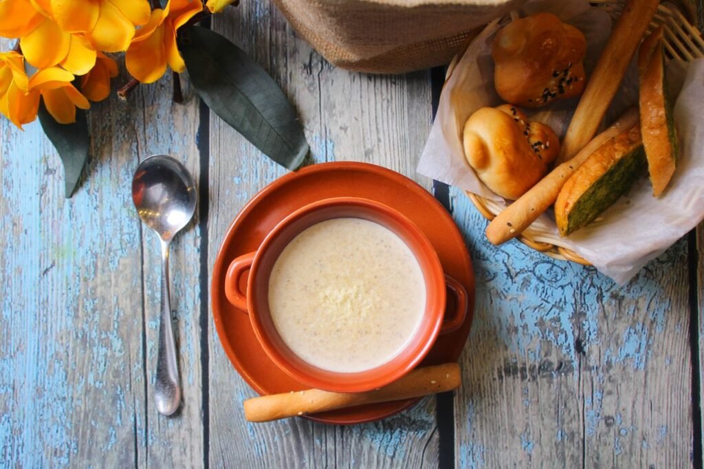 A cooling dish -milk rice pudding served in a traditional pot